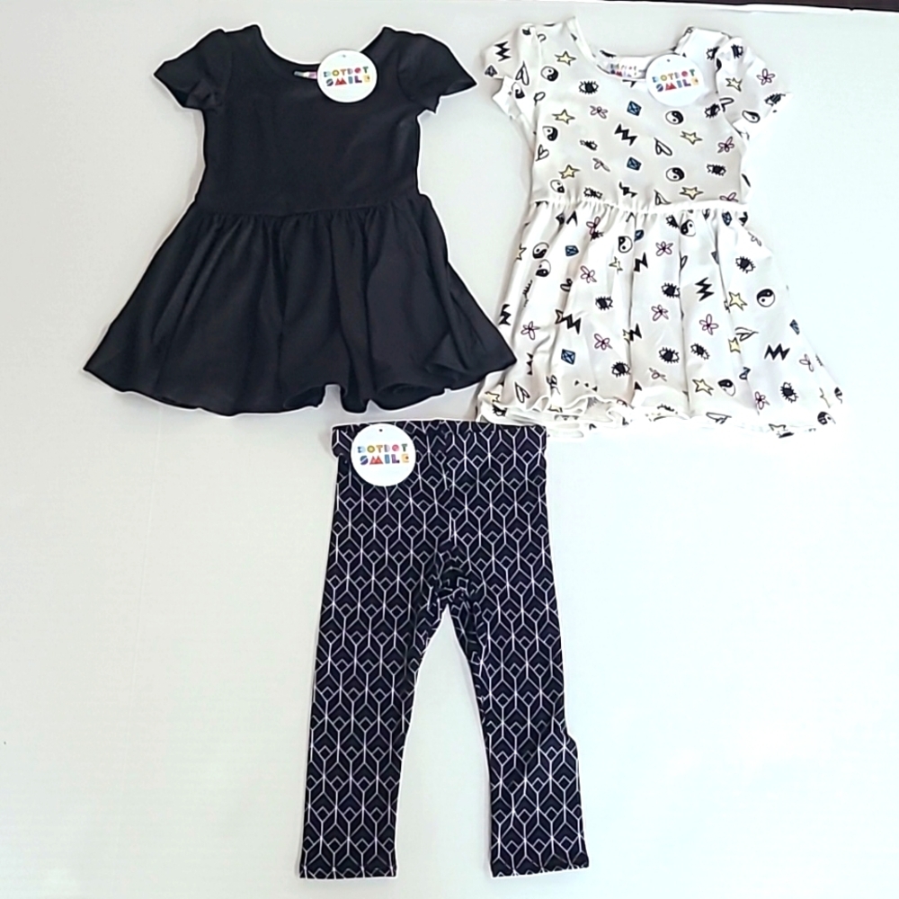 NWT Dot Dot Smile Sz 12/24 months Black and Cream Print Cap Dress and leggings